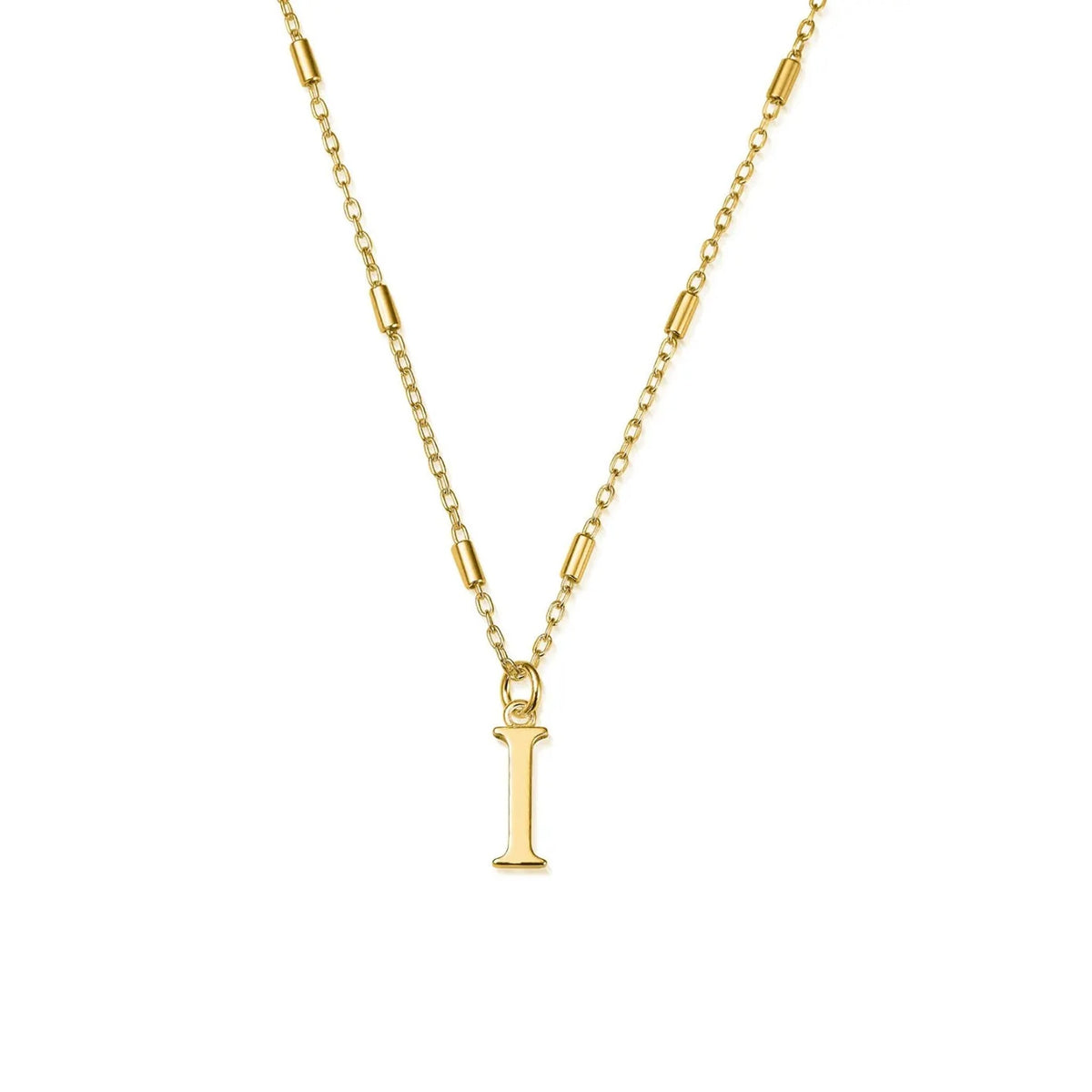 Gold plated "I" initial pendant necklace, showcasing personalized jewelry and designer craftsmanship from ChloBo.