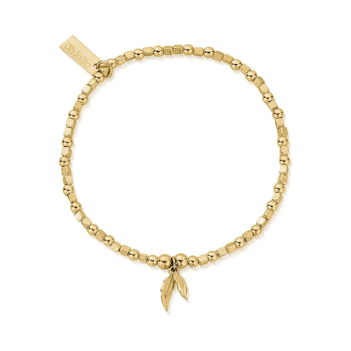 ChloBo gold plated bracelet featuring alternating mini cubes and beads with double feather charms.