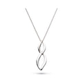 Silver necklace featuring a linked, entwined pendant design. Entwine Twine Link Duo Link necklace detail.