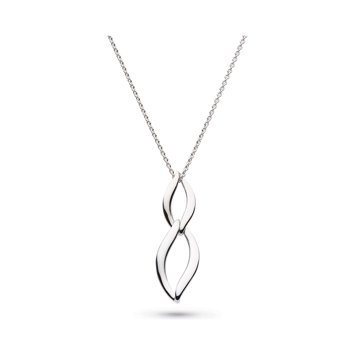 Silver necklace featuring a linked, entwined pendant design. Entwine Twine Link Duo Link necklace detail.