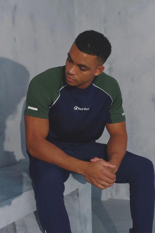Mens Red Run Midnight Moss Navy Technical Runner Tee & Navy Panelled Sports Short Set