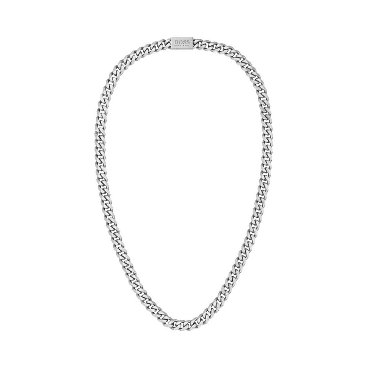 Close-up of a men's Boss link chain necklace, crafted from stainless steel and measuring 22 inches in length.
