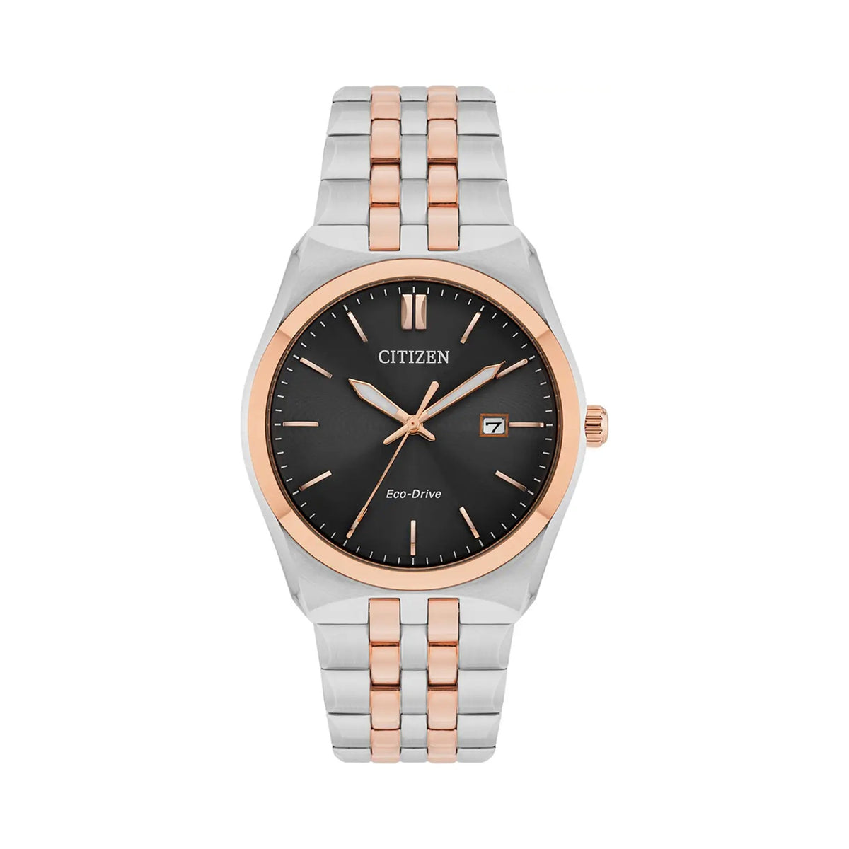 Close-up of the Citizen Eco-Drive watch showcasing its black dial, date display, and two-tone bracelet design.