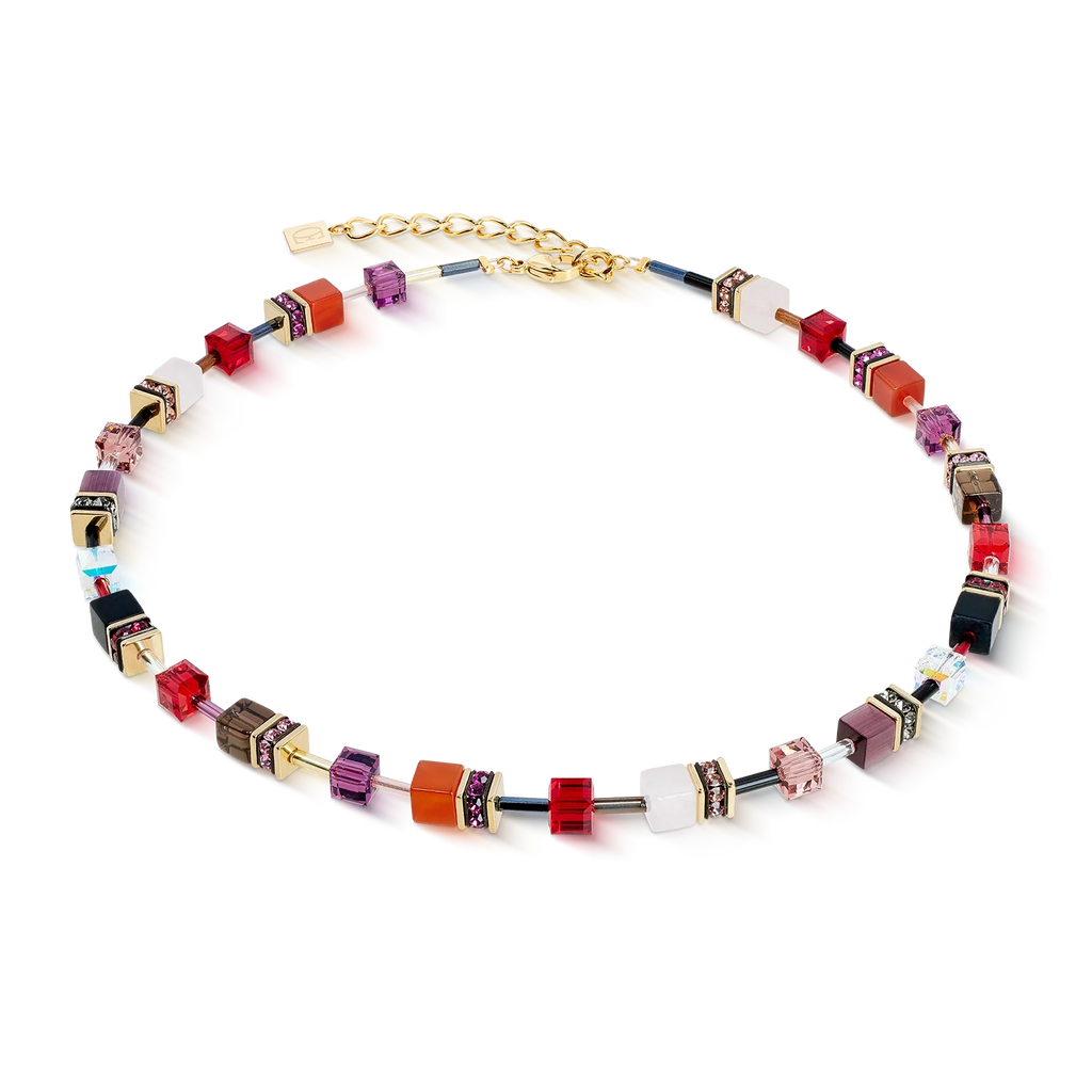 Necklace of square, multicolored beads.