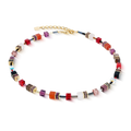 Necklace of square, multicolored beads.