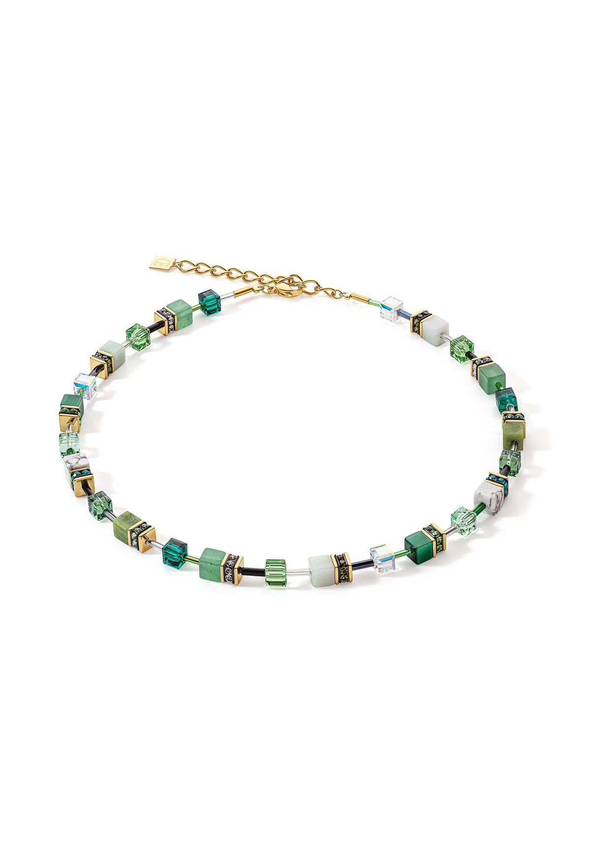 GeoCube necklace featuring green aventurine & gold-plated elements, showcasing elegant jewelry design.
