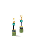 GeoCube earrings with green aventurine stones. Gold-plated jewelry showcasing Coeur De Lion design.