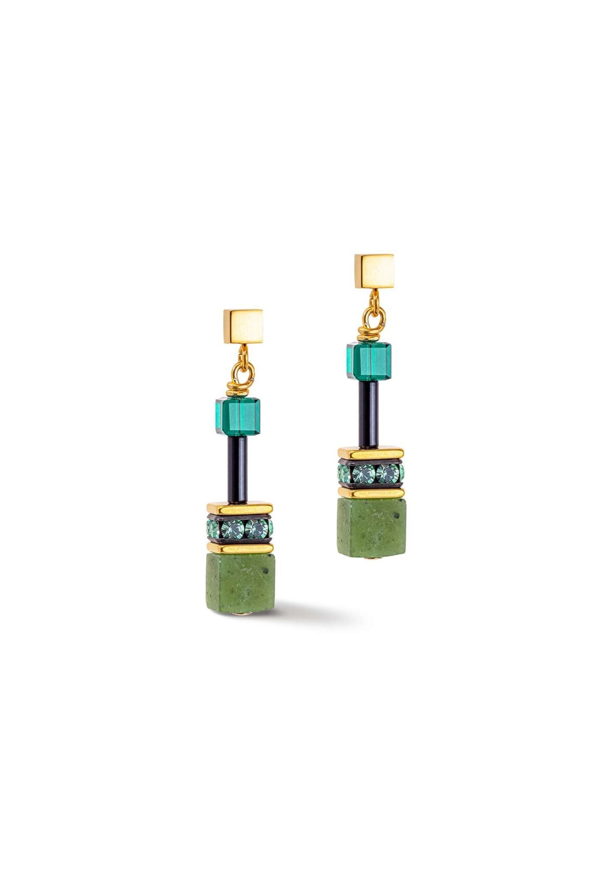 GeoCube earrings with green aventurine stones. Gold-plated jewelry showcasing Coeur De Lion design.