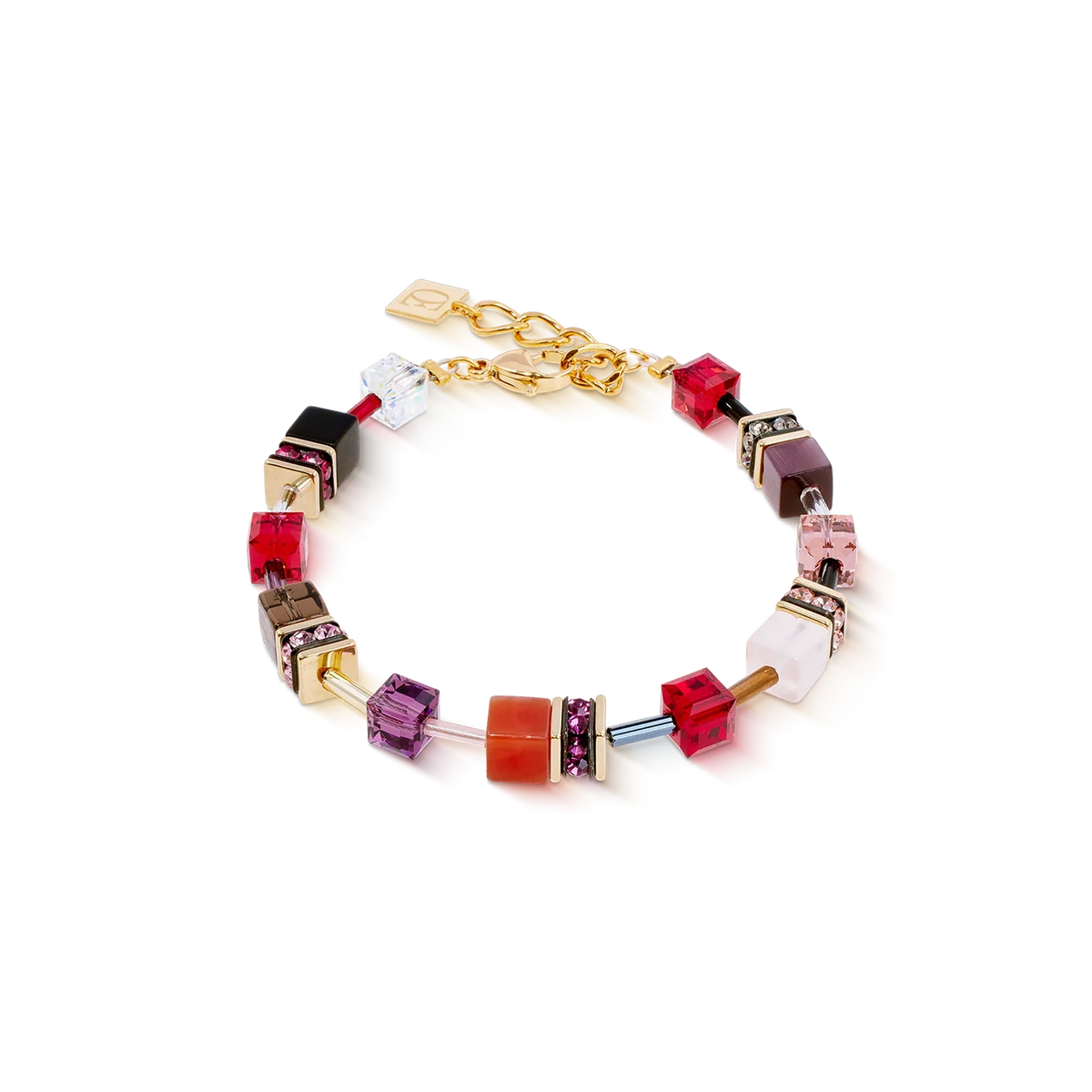 Gold-tone bracelet with colorful cube beads.
