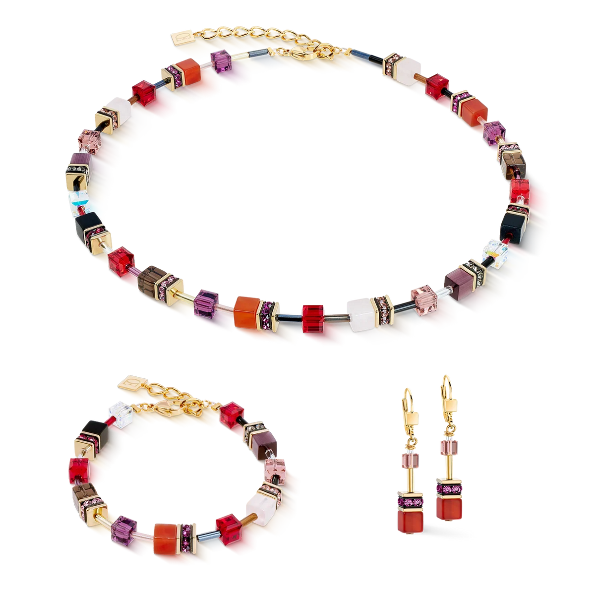 Necklace and earrings with cube-shaped beads in various colors.