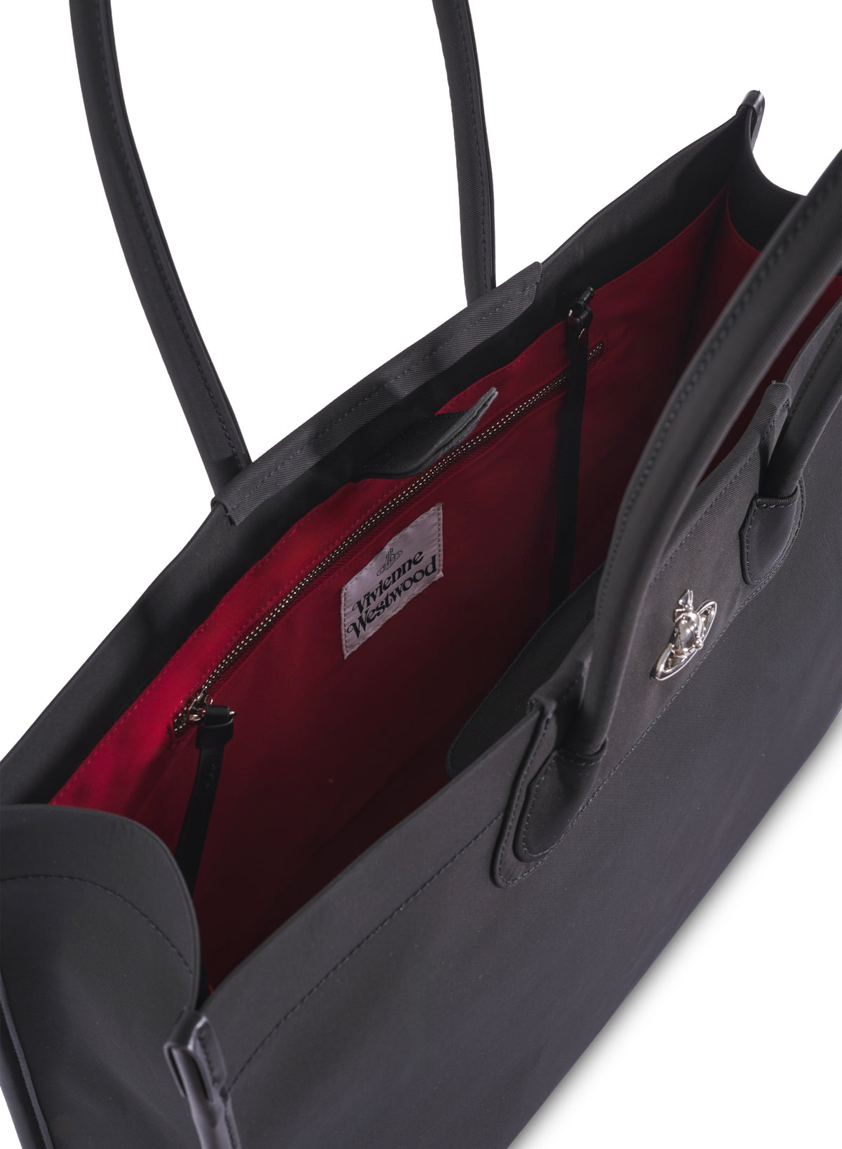 Close-up of a dark gray tote bag with black handles and a bright red interior lining, showing a silver-tone Vivienne Vivier logo on the front.