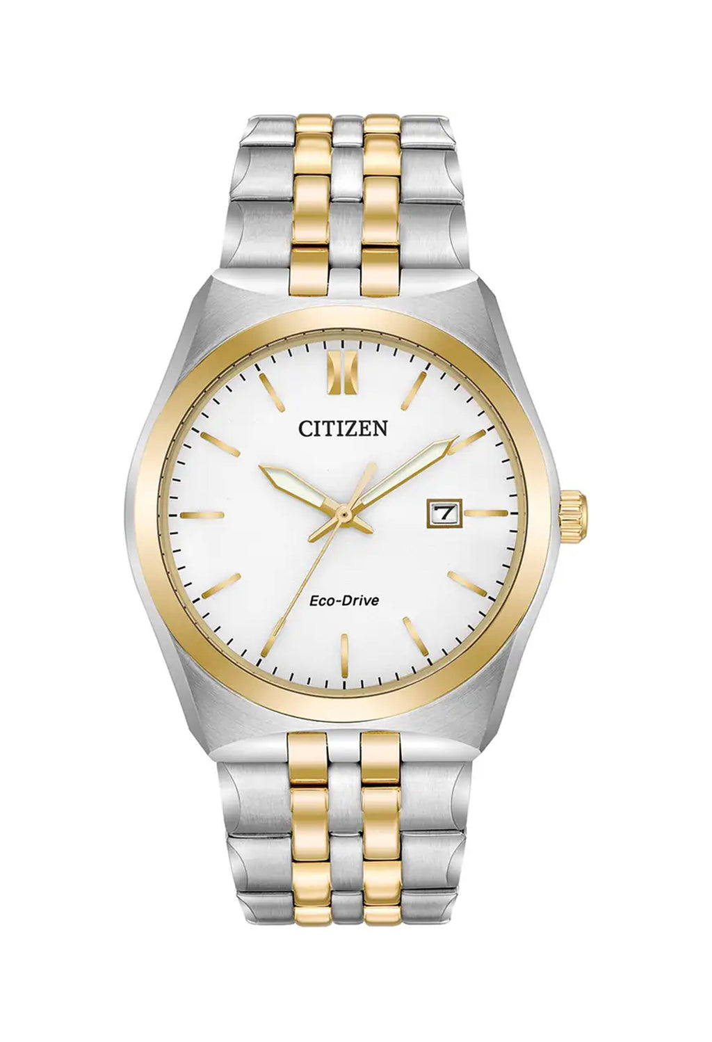 Citizen Eco-Drive watch displaying its white dial, gold-tone markers, and two-tone silver and gold stainless steel bracelet.