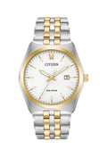 Citizen Eco-Drive watch displaying its white dial, gold-tone markers, and two-tone silver and gold stainless steel bracelet.