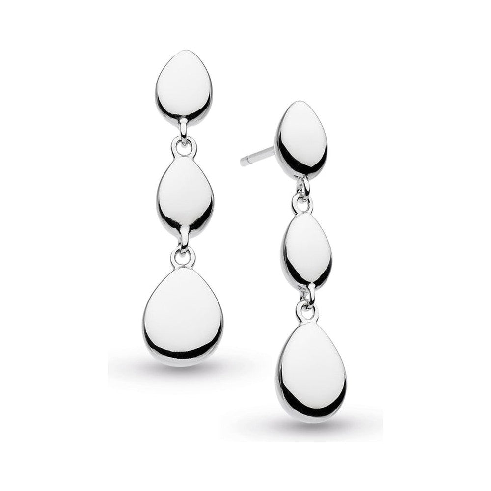 Silver dangle earrings with teardrop pendants.