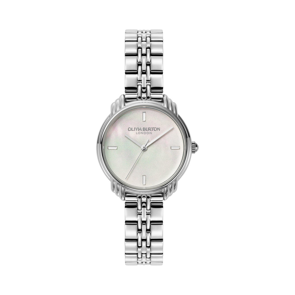 Silver Olivia Burton watch with a pearlescent face.