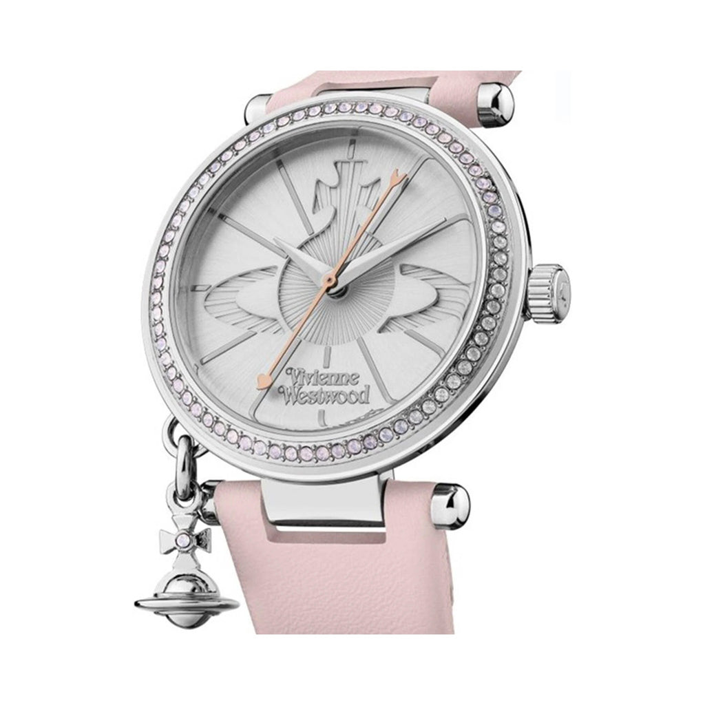 Close-up of the Vivienne Westwood Ladies Orb Pastelle watch, silver dial with signature Orb logo and pink strap.