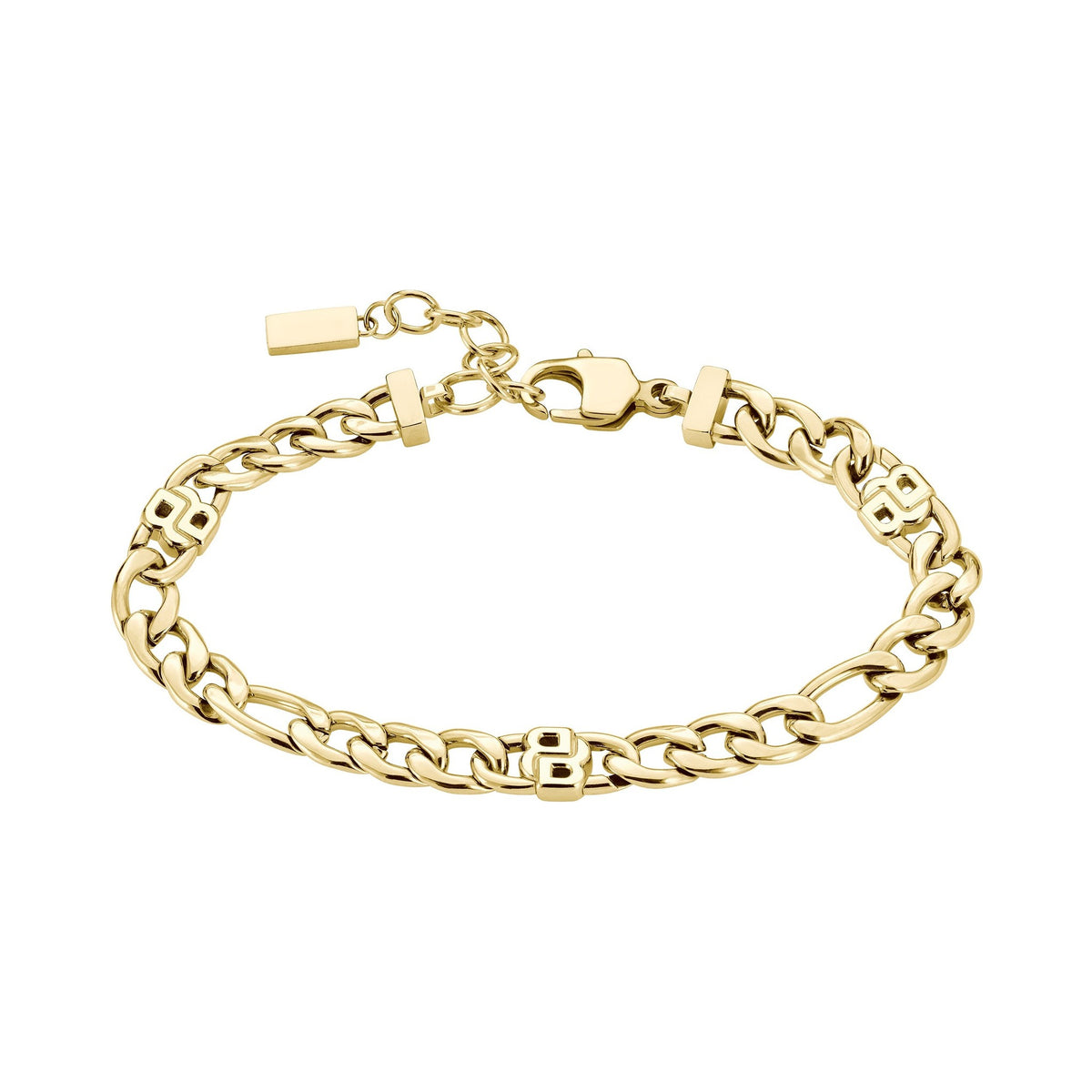 Gold-plated Boss bracelet featuring a Figaro chain and 'BB' logo. Elegant accessory for a classic look.