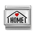 Nomination charm representing home and family. "I HOME" message with heart on a silver plate for bracelets.