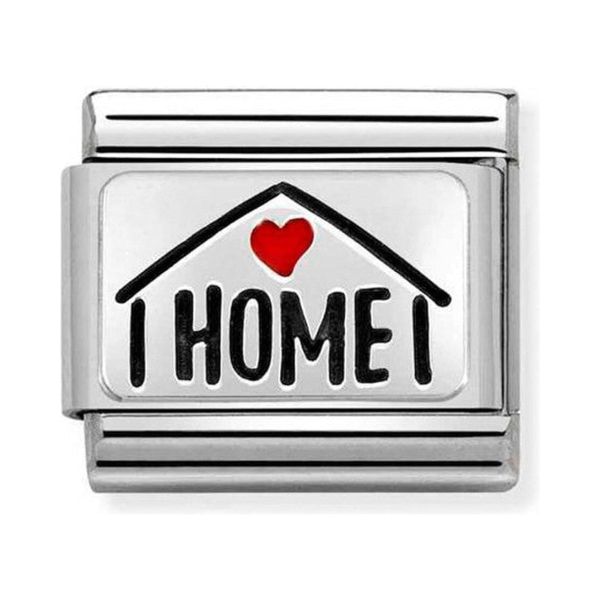 Nomination charm representing home and family. "I HOME" message with heart on a silver plate for bracelets.