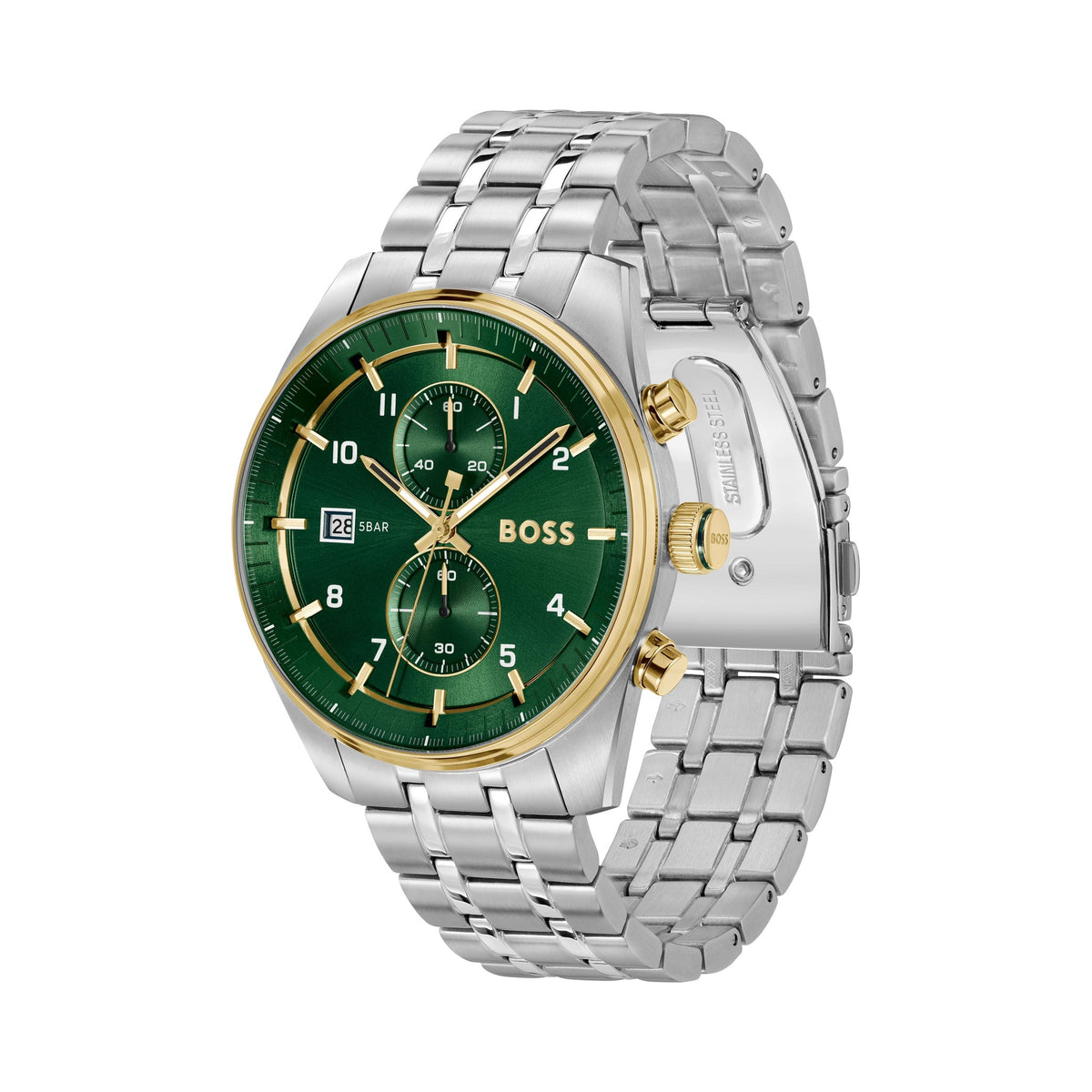 Close-up of BOSS Skytraveller watch featuring a green dial, gold accents, stainless steel bracelet, and date display at "28