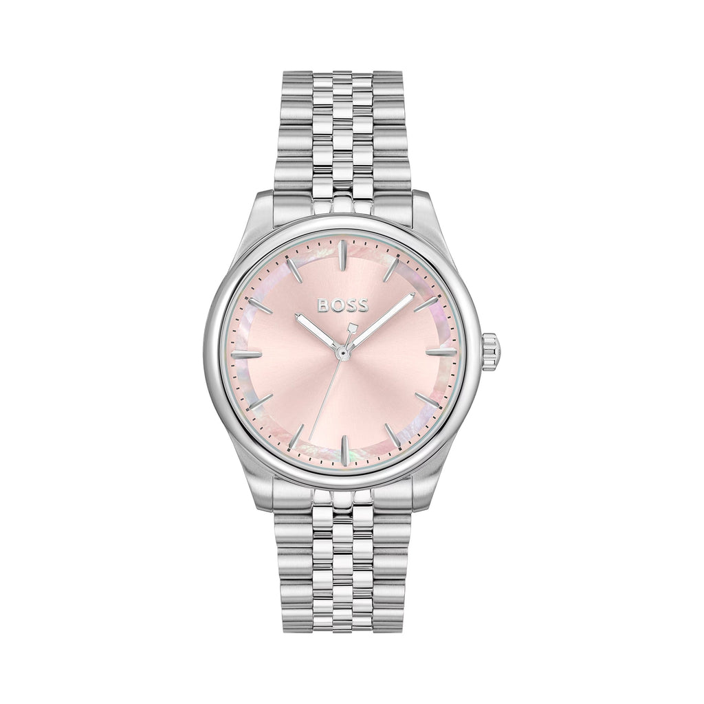 BOSS ladies stainless steel watch, featuring a pink dial and bracelet, showing the full timepiece.