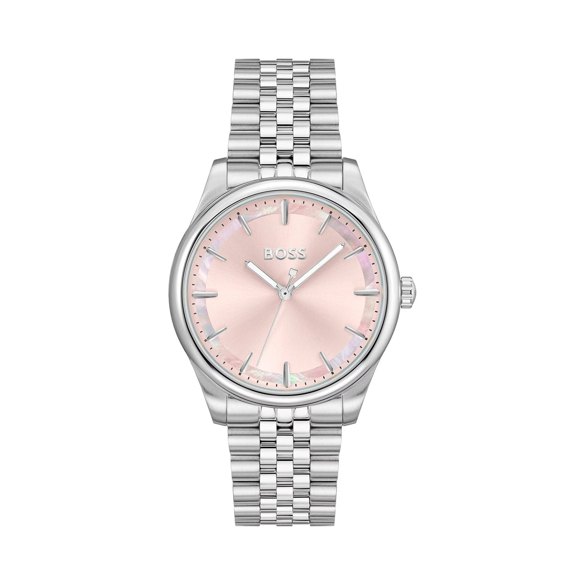 BOSS ladies stainless steel watch, featuring a pink dial and bracelet, showing the full timepiece.