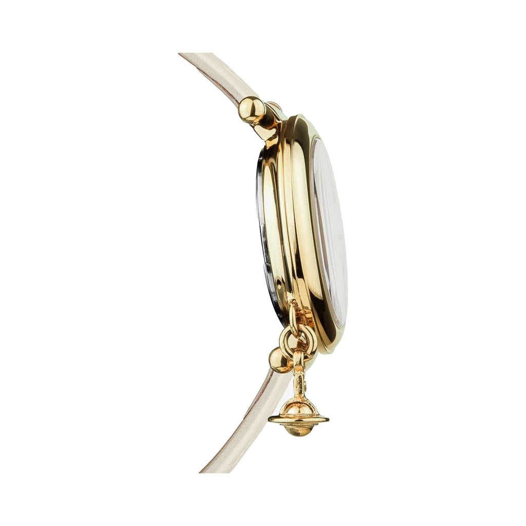 Close-up of the Vivienne Westwood Orb II watch, showcasing the gold tone case and the iconic orb charm detail.