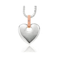 Sterling silver Clogau heart pendant on chain. Features rose gold accent with diamond; romantic fine jewelry gift.
