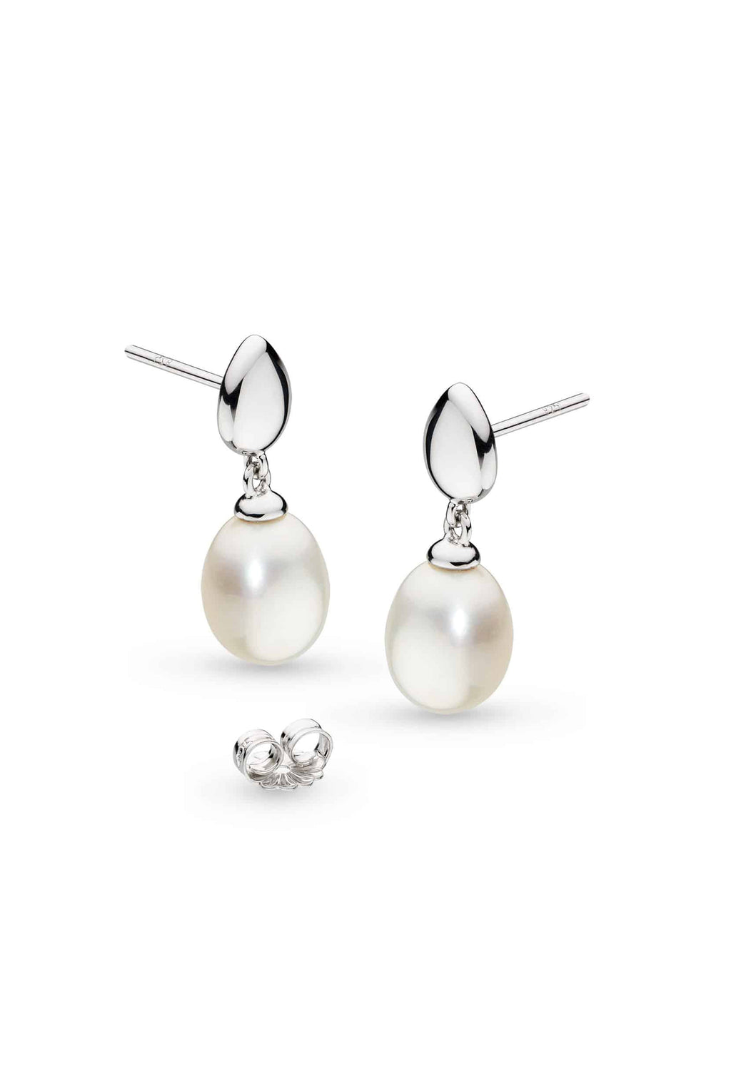 Sterling silver pearl drop earrings, showcasing design details. Elegant jewelry by Kit Heath Coast Pebble collection.