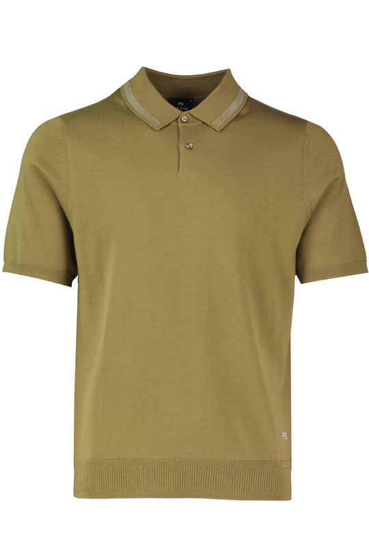 Mens Paul Smith Khaki Knitted Merino Wool Polo Shirt