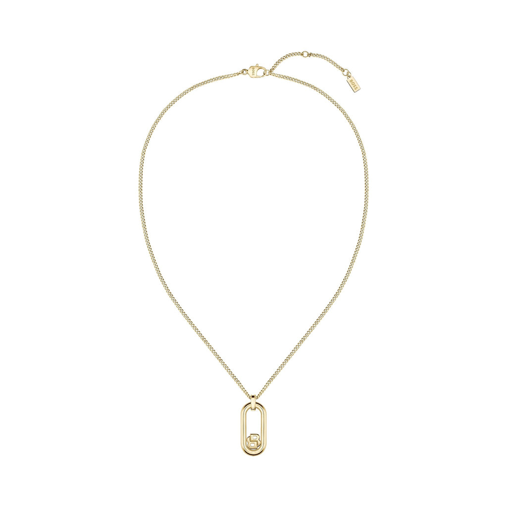Close-up of the BOSS Double B Pendant necklace in gold-plated stainless steel, showcasing the branded jewelry design.