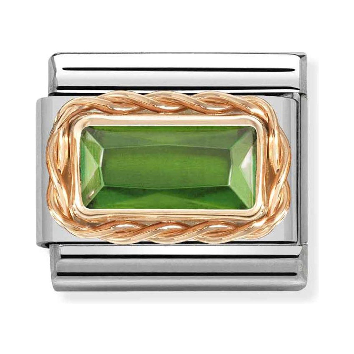 Nomination composable charm. Green baguette stone set in 9K rose gold on a steel link. Jewelry detail.