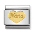 Composable Nomination charm featuring a golden heart with "Nana" inscription in 18k gold.