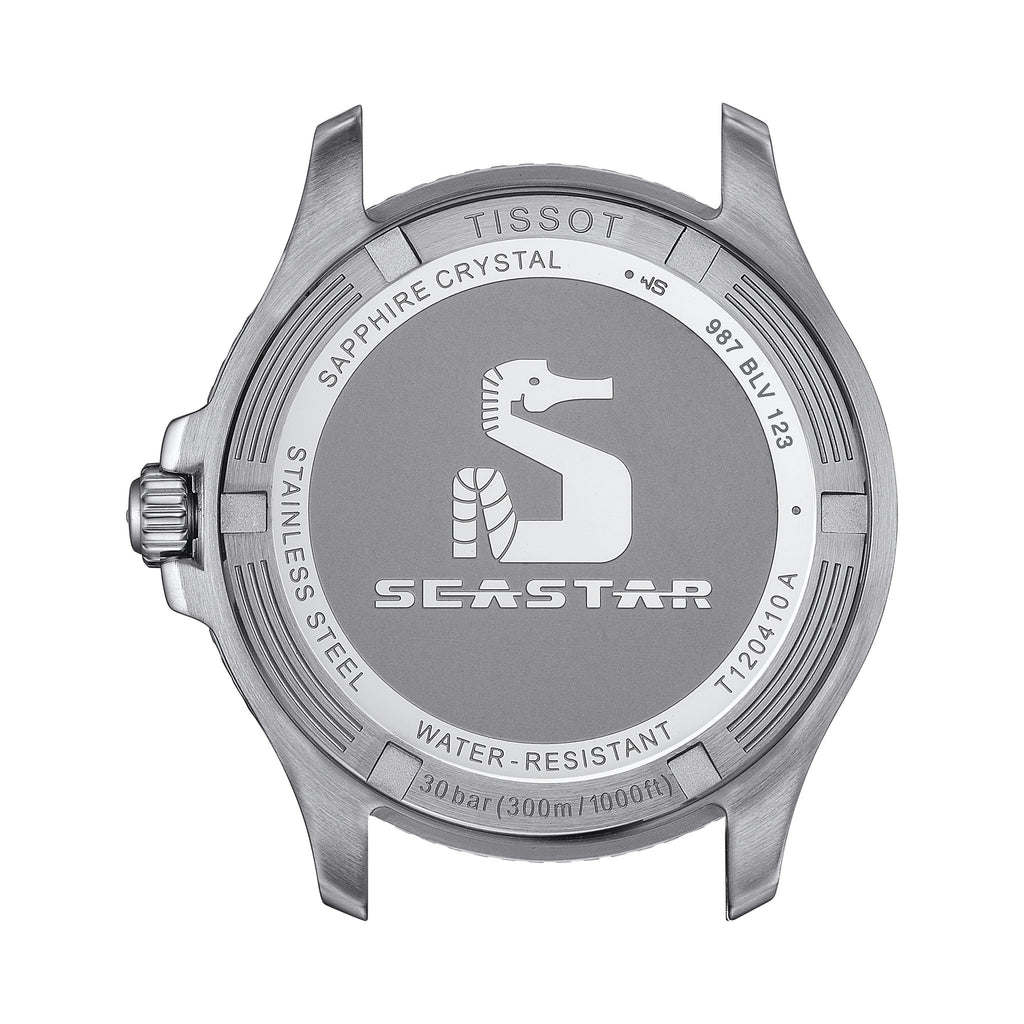 Tissot Seastar watch caseback detail with model number T120410A, seahorse logo, water resistance and sapphire crystal.