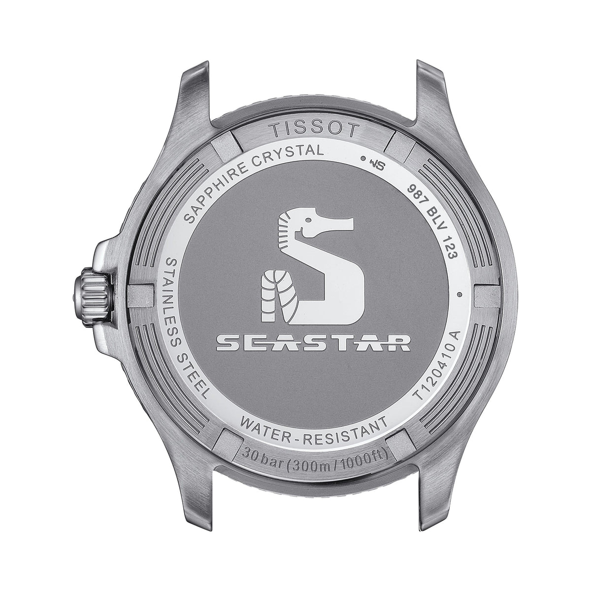 Tissot Seastar watch caseback detail with model number T120410A, seahorse logo, water resistance and sapphire crystal.