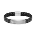 Boss Lander bracelet: Braided black leather band with stainless steel closure & logo detail, showcasing craftsmanship.