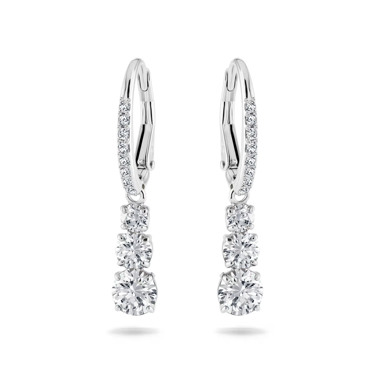 Swarovski Stilla Attract Trilogy Round Cut Zirconia Drop Earrings Rhodium Plated