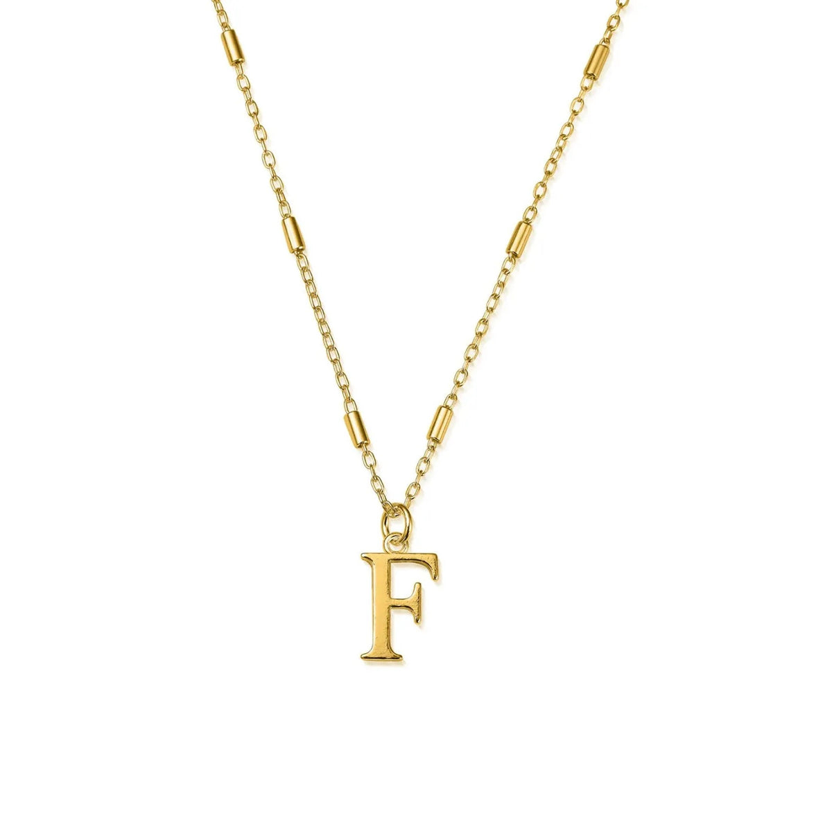 ChloBo Initial F pendant necklace. Two-tone silver and gold-plated design. Fashion jewelry.