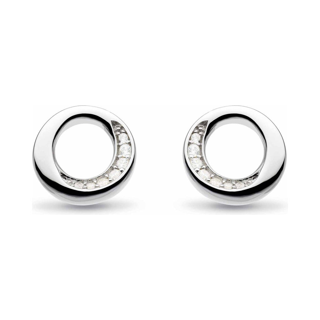 Silver stud earrings with pavé-set CZ stones, showing the Bevel Cirque design detail, Kit Heath jewelry.