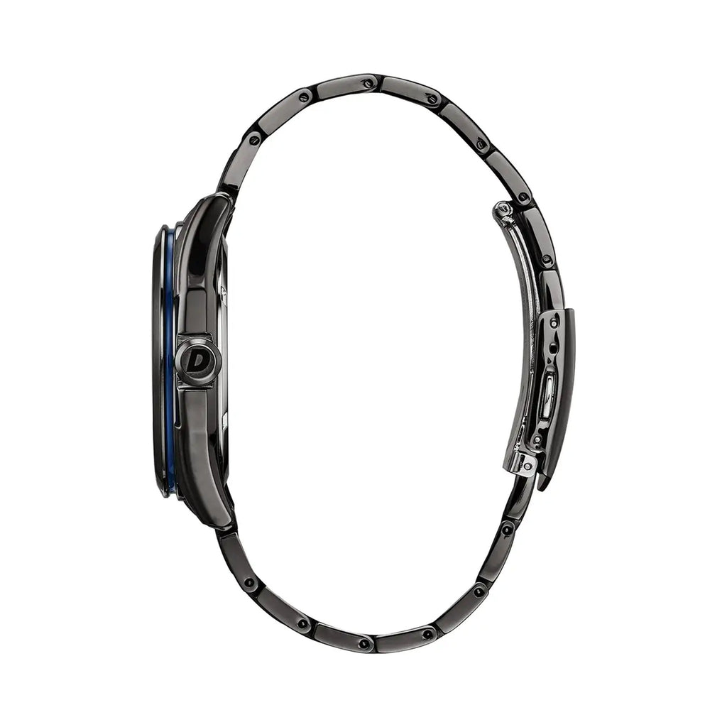 Side view of the Citizen Eco Drive watch highlighting the sleek gunmetal bracelet and case with blue accents.
