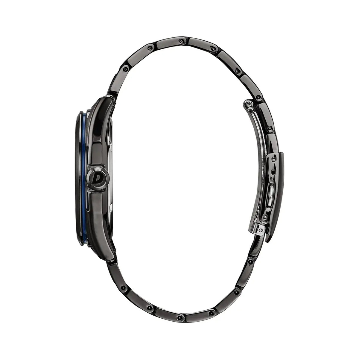 Side view of the Citizen Eco Drive watch highlighting the sleek gunmetal bracelet and case with blue accents.