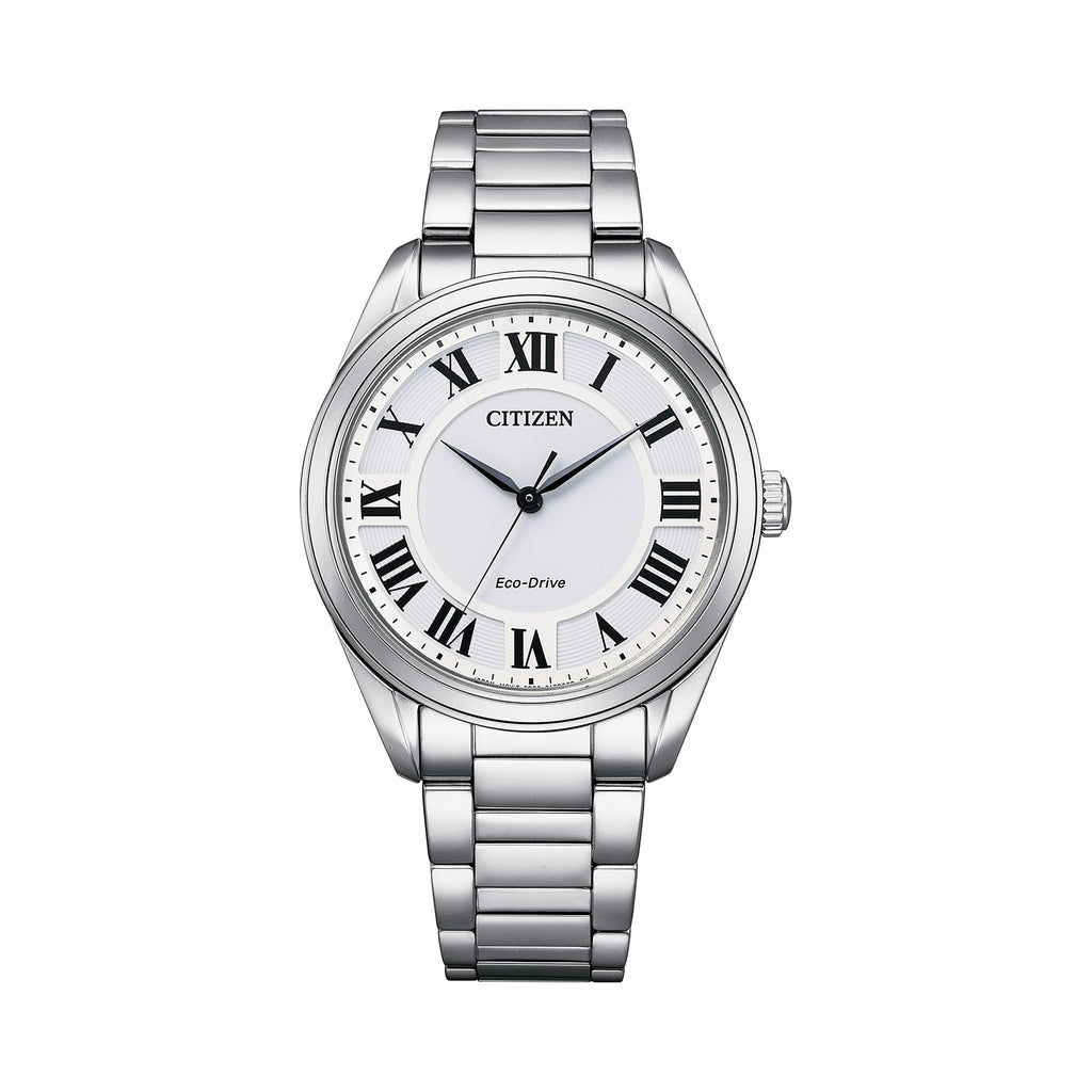 Close-up of Citizen Eco-Drive watch showcasing its stainless steel band, white Roman numeral dial, and elegant design.