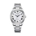 Close-up of Citizen Eco-Drive watch showcasing its stainless steel band, white Roman numeral dial, and elegant design.
