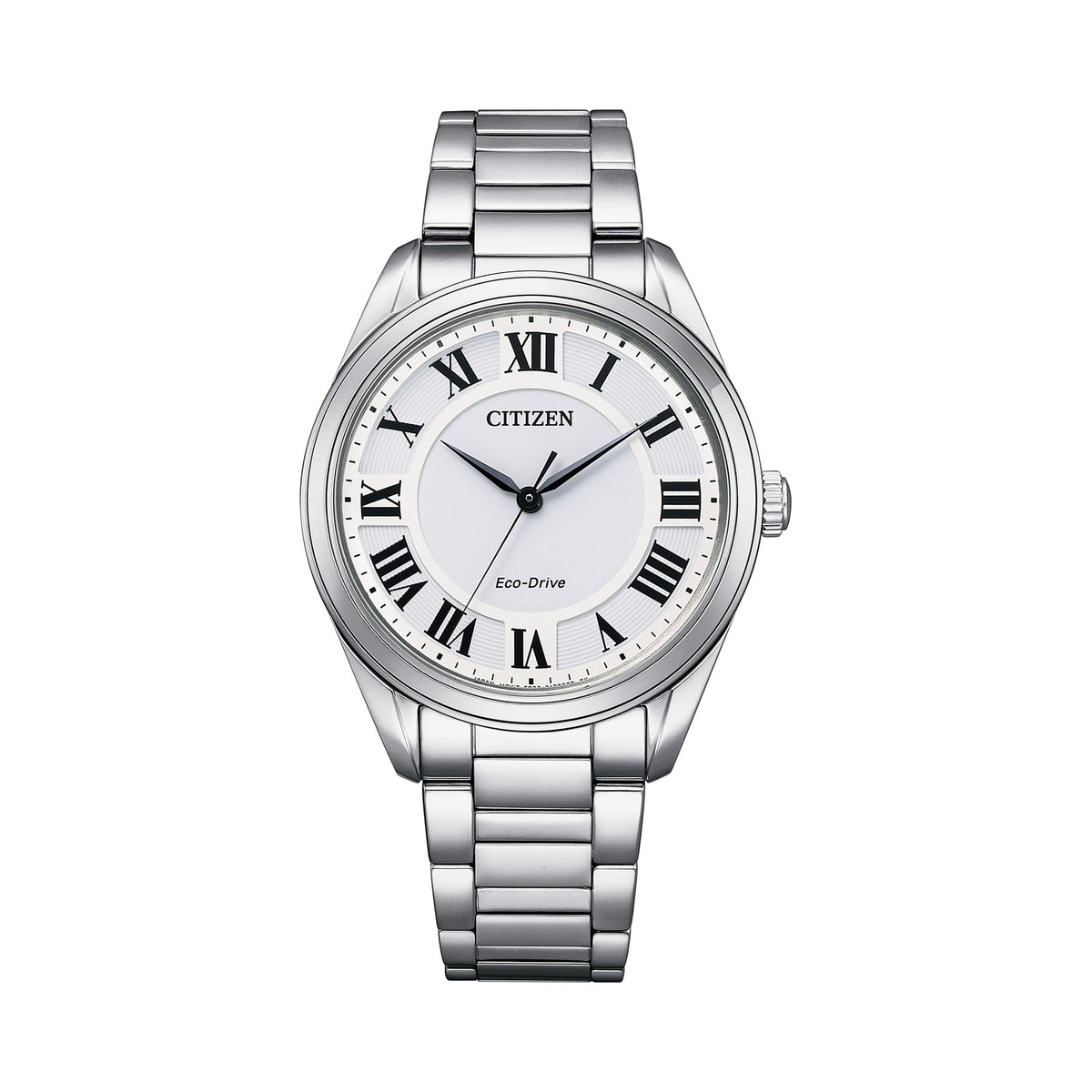 Close-up of Citizen Eco-Drive watch showcasing its stainless steel band, white Roman numeral dial, and elegant design.