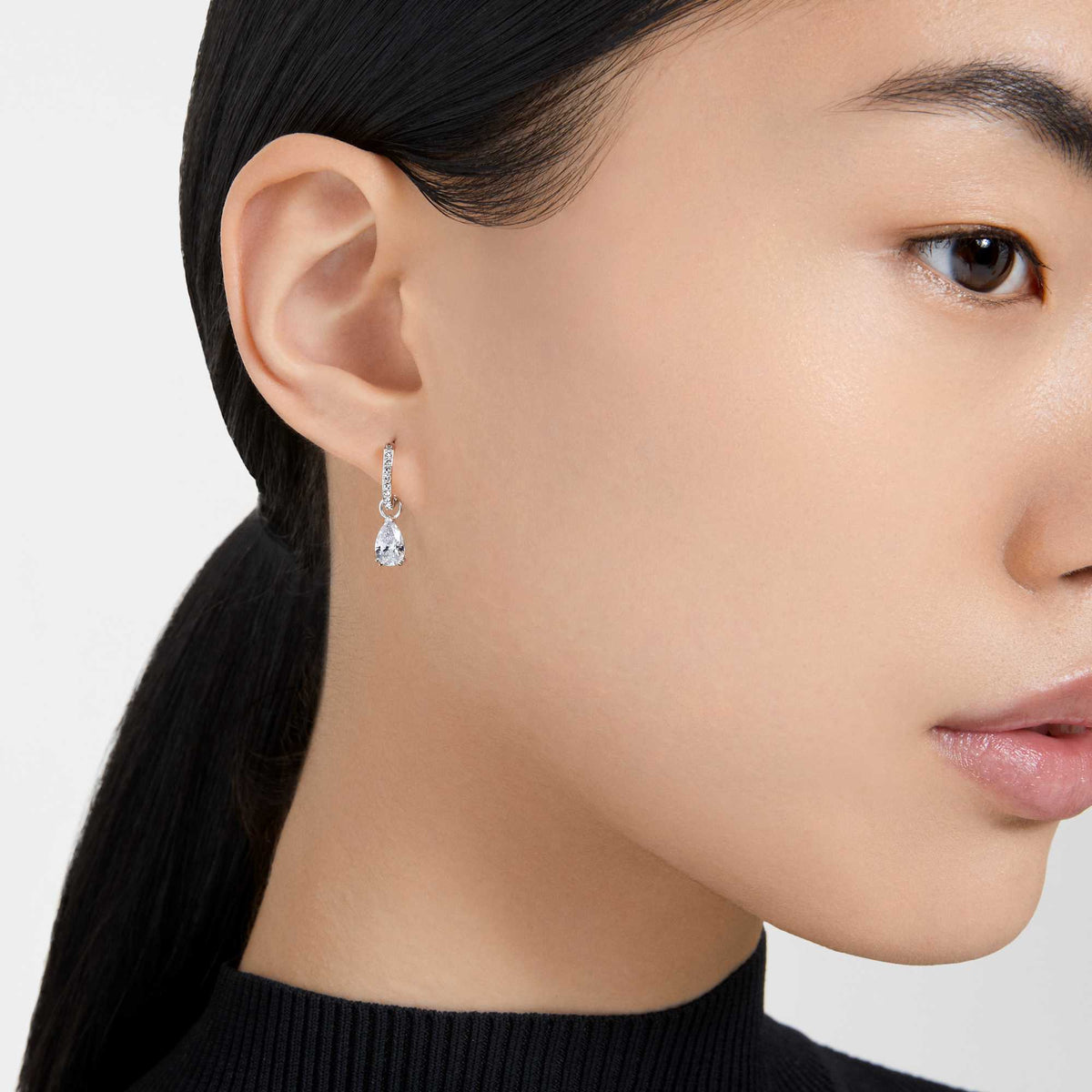 Swarovski Stilla Pear Cut Crystal Hoop Drop Earrings Rhodium Plated — view 3
