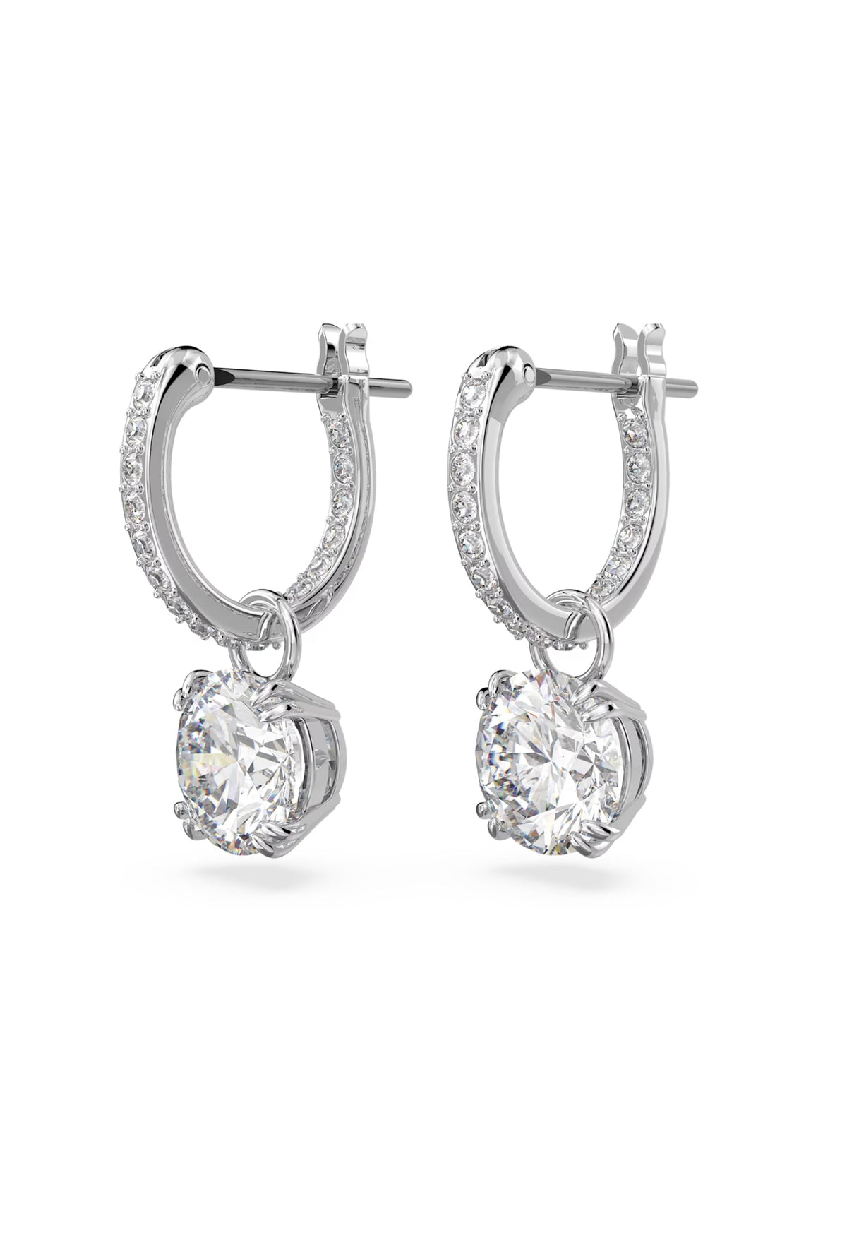 The Swarovski Constella Round Cut Drop Earrings, rhodium-plated silver jewelry from Swarovski, OD’s Jewellers in St Helens.