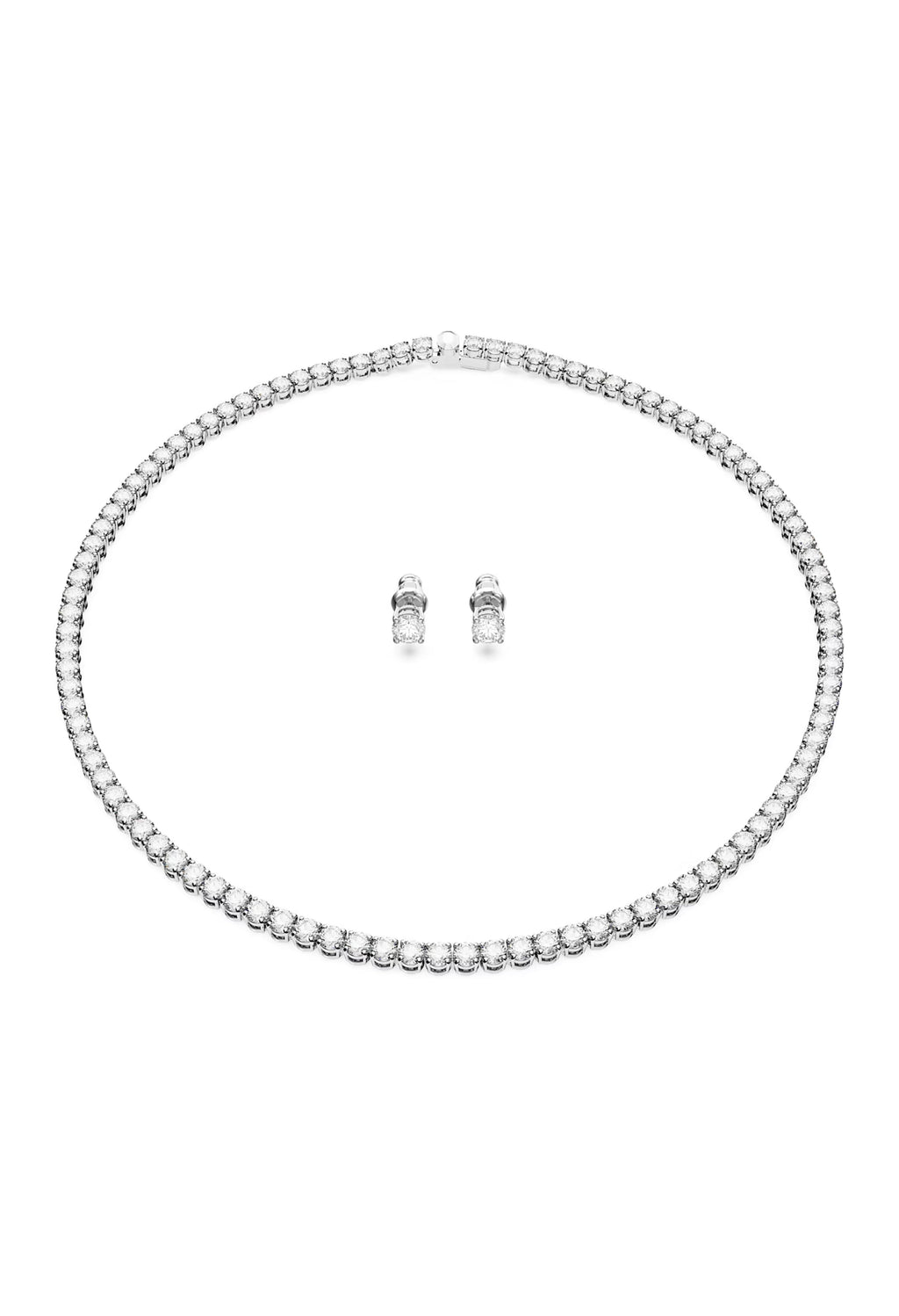 The Swarovski Matrix Tennis Necklace & Earrings set, silver rhodium-plated, from Swarovski, at OD’s Jewellers in St Helens.