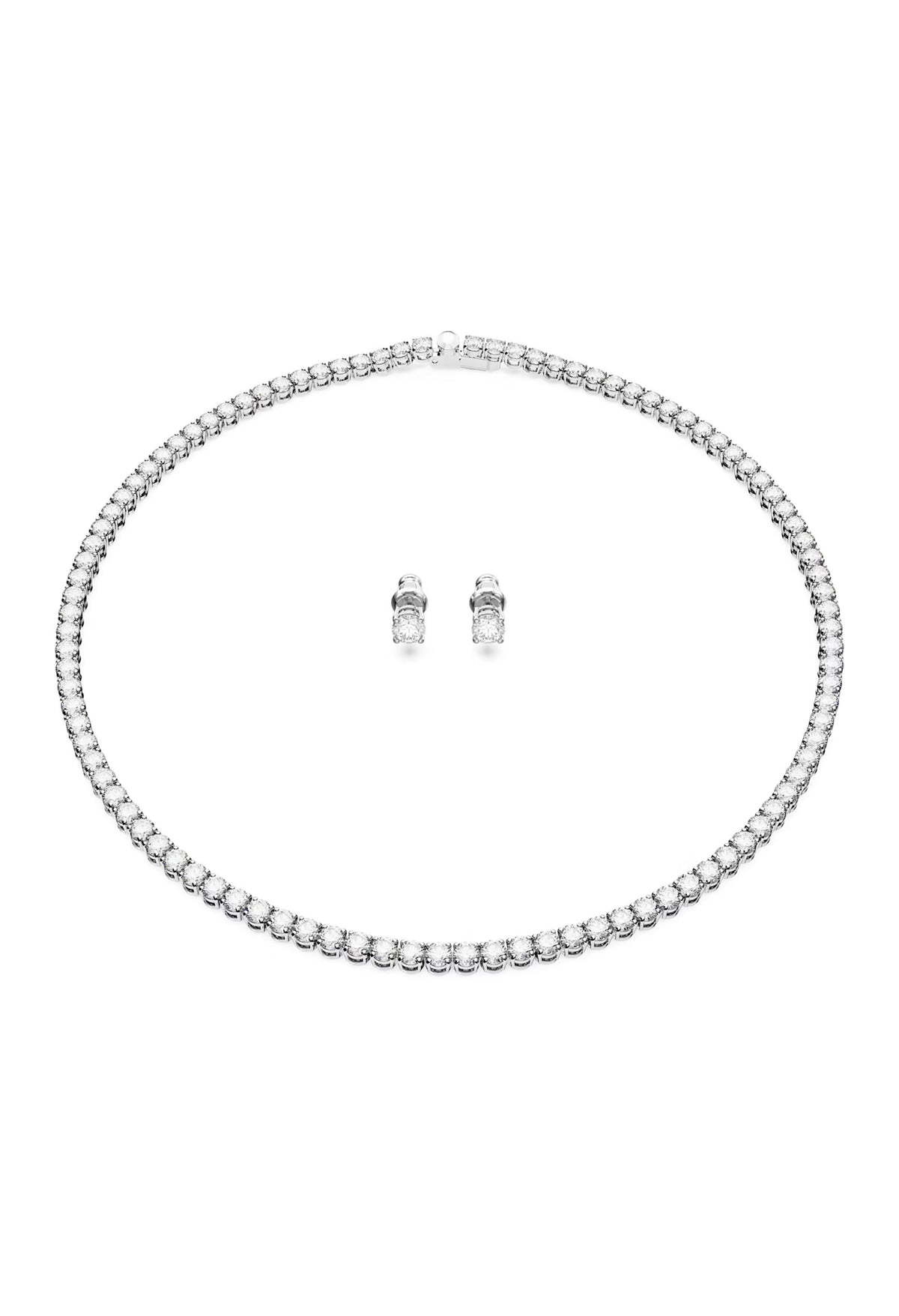 The Swarovski Matrix Tennis Necklace & Earrings set, silver rhodium-plated, from Swarovski, at OD’s Jewellers in St Helens.