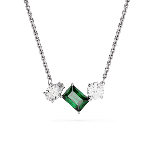 Swarovski Mesmera Mixed Cuts Green White Crystal Pendant Necklace Rhodium Plated