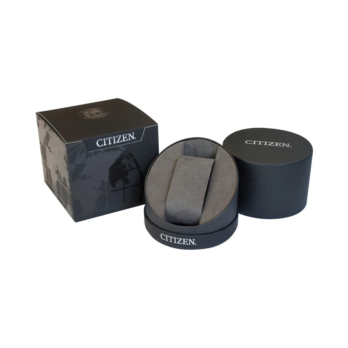 Citizen watch packaging for the Ladies Eco Drive Silhouette Crystal Bracelet Watch. Square and round boxes.